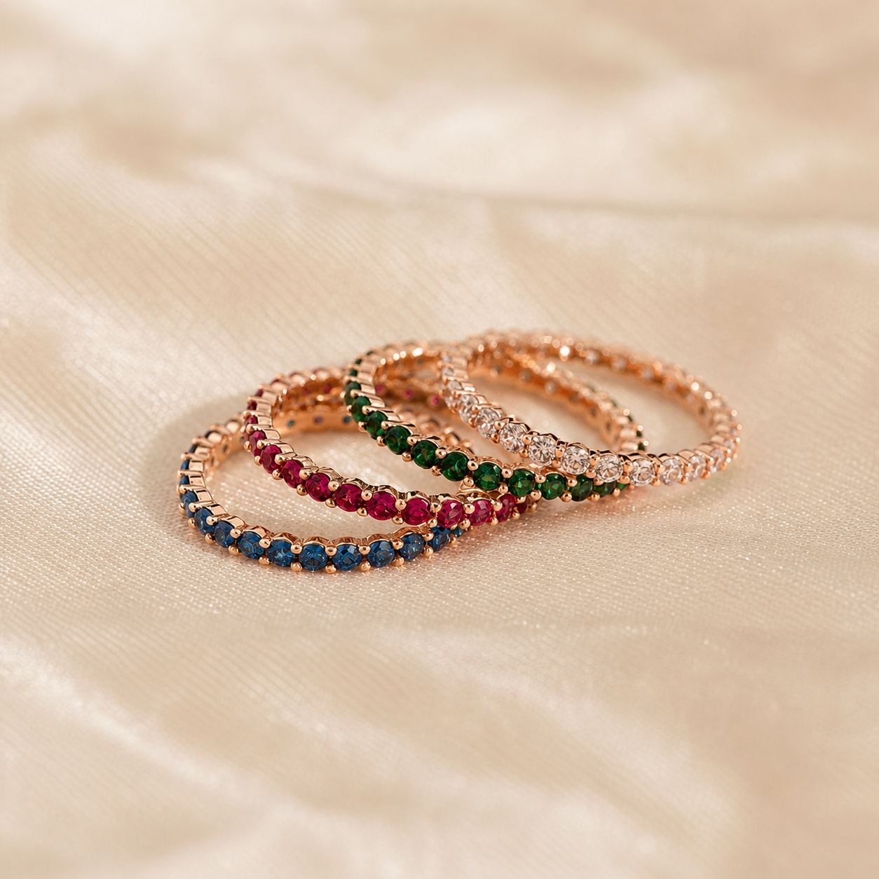 Three rose gold rings with colored gemstones on a beige fabric background